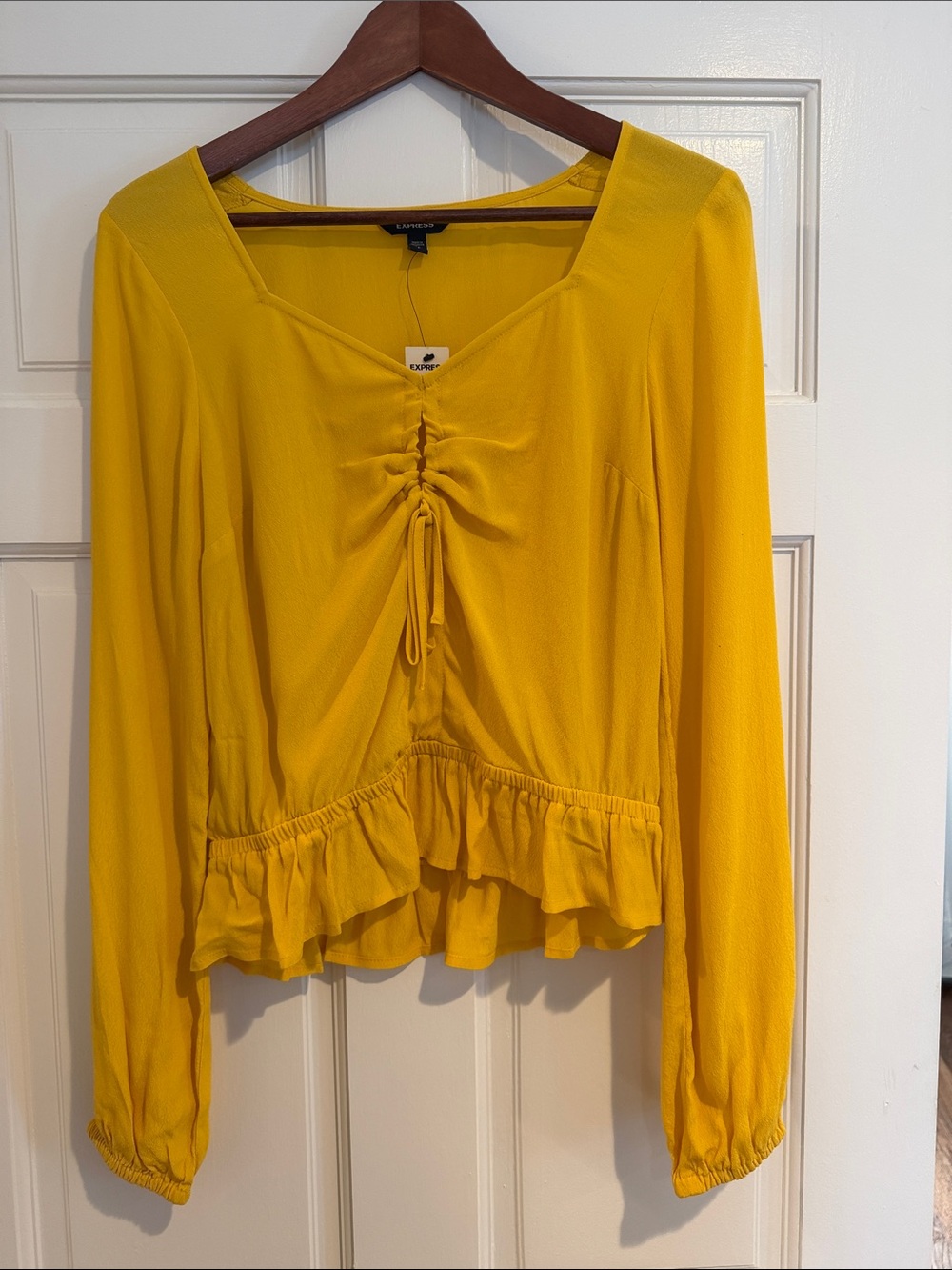 Express Yellow Long-Sleeve Ruffle Drawstring Peplum Top